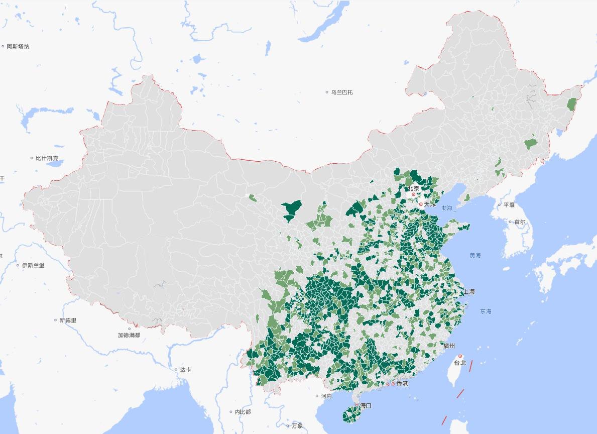 County-level map highlighting 1,483 counties with active clinical-programme operations